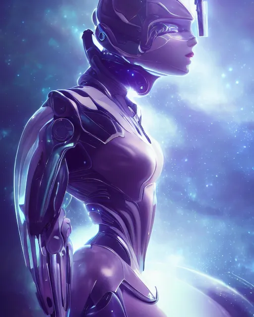 Image similar to perfect android girl on a mothership, warframe armor, beautiful face, scifi, futuristic, galaxy, nebula, raytracing, dreamy, long white hair, blue cyborg eyes, sharp focus, cinematic lighting, highly detailed, artstation, divine, by gauthier leblanc, kazuya takahashi, huifeng huang