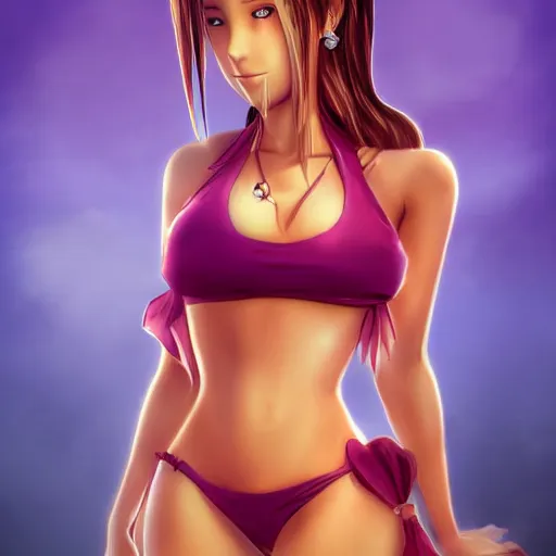 Prompt: beautiful aerith from final fantasy in a bikini on the beach making eye contact drawn by keith garvey
