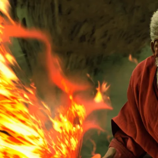Prompt: cinematic film still of Morgan Freeman starring as a Samurai holding fire, Japanese CGI, VFX, 2022, 40mm lens, shallow depth of field, film photography