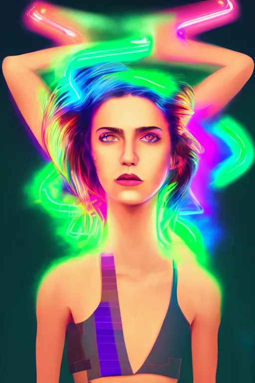 Image similar to a award winning half body portrait of a beautiful woman with stunning eyes in a croptop and cargo pants with rainbow colored ombre hairstyle head in motion and hair flying by thomas danthony, surrounded by whirling illuminated neon lines, outrun, vaporware, shaded flat illustration, digital art, trending on artstation, highly detailed, fine detail, intricate