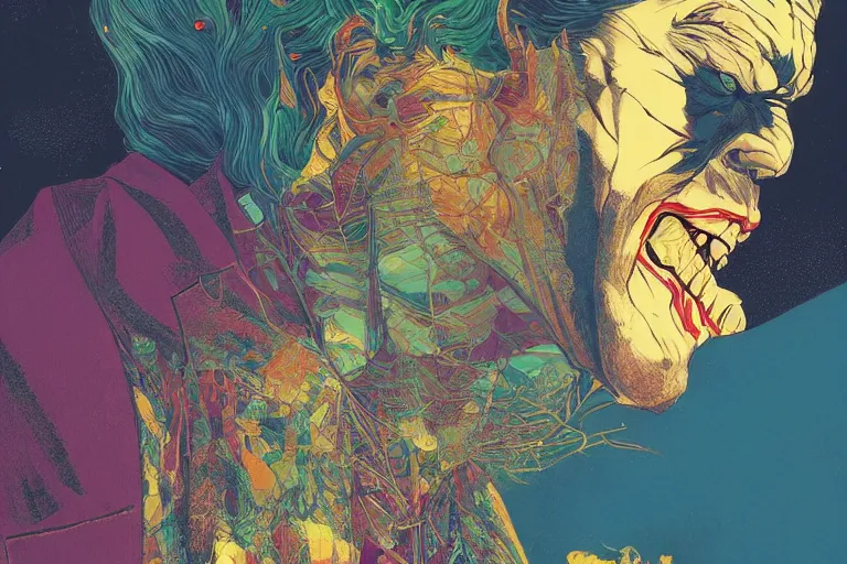 Prompt: stunning portrait of willem dafoe as the joker by victo ngai, kilian eng vibrant colors, winning - award masterpiece, fantastically gaudy, aestheticly inspired by beksinski and dan mumford, 4 k upscale with simon stalenhag work, sitting on the cosmic cloudscape