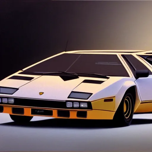 Image similar to A beautiful oil painting of a Lamborghini Countach, volumetric lighting, photorealistic, highly detailed.