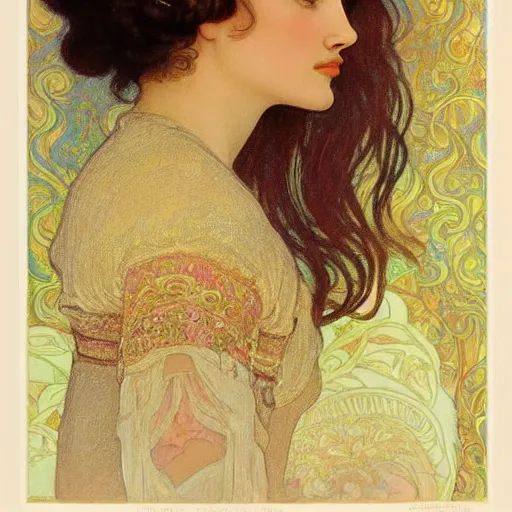 Image similar to a closeup portrait of a young natalie portman, hair in arabesque forms, art nouveau, jugendstil, decorative background, painted by alphonse mucha and klimt