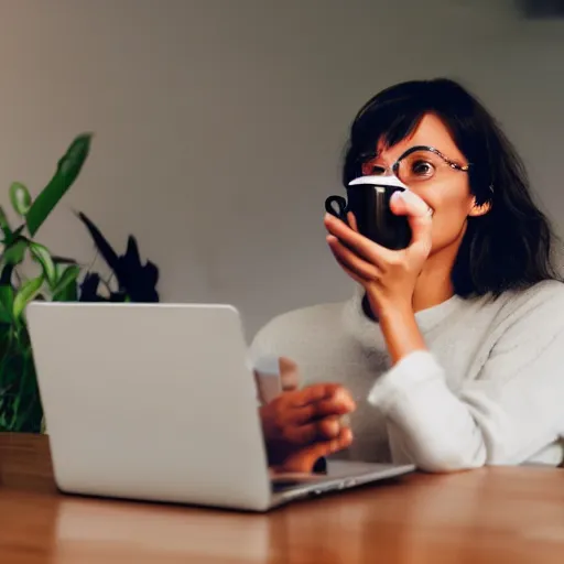 Image similar to photorealistic illustration of a person using a computer happily while drinking coffee