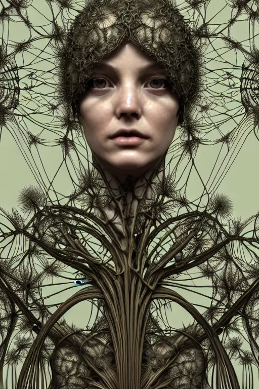 Image similar to intricate hyper detailed ultra sharp 3 d render of a witch profile close - up!!! portrait, art nouveau, alexander mcqueen, transparent fractal dandelion green ivy roots, moon in the background, intricate details, anatomical, flesh ornate, facial muscles, cable wires, elegant, hyper realistic, ultra detailed, octane render, volumetric cinematic lighting, 8 k post - production