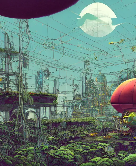 Image similar to simplicity, inflated industrial plant made from isopod lobster octopus, in the style of spaceship, overgrown with orchids, partly cloudy, somber, dramatic lighting, by geof darrow, bill sienkiewicz, dan mumford, yusuke murata, makoto shinkai, ross tran, cinematic, unreal engine, cel shaded, featured on artstation, pixiv