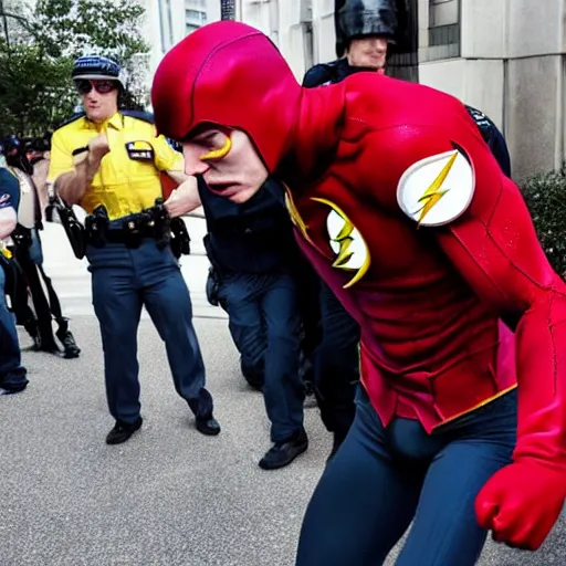 Prompt: ultra realistic photograph of angry Ezra Miller wearing flash costume being arrested by FBI outside Warner Bros Studio, 4K