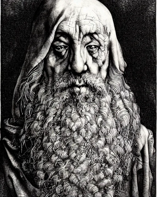 Prompt: old mage, hyper realism, fine details, deviantart artstation, extremely detailed, black and white, very sharp, in the style of albrecht durer, etching,