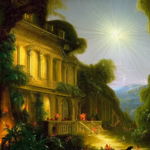 Prompt: many jewel colored hummingbirds with milky eyes hovering around plants in front of a sprawling manor in a renaissance architecture city street at night with rainforest greenery, thomas cole, illustration