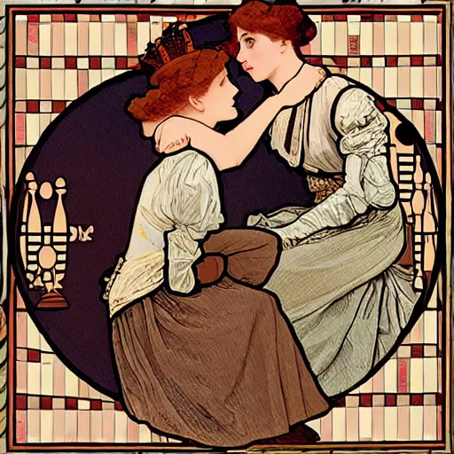 Image similar to two young edwardian women playing chess, in the style of mucha