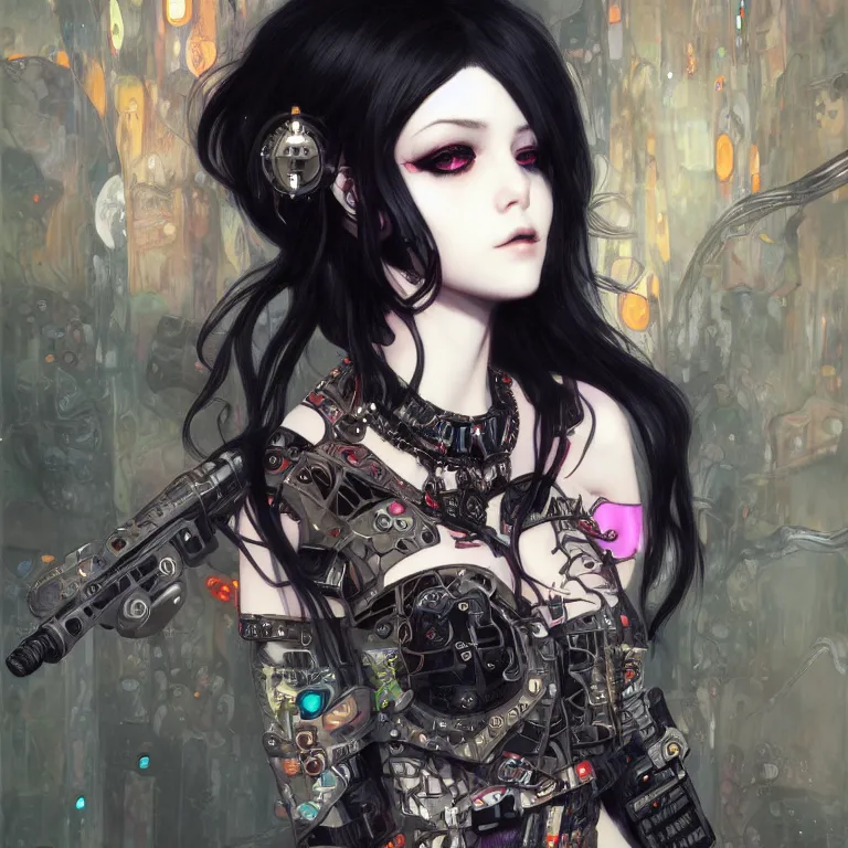 Prompt: portrait of beautiful young goth babe, cyberpunk, Warhammer, highly detailed, artstation, illustration, art by Gustav Klimt and Range Murata and Ilya Kuvshinov and Sakimichan