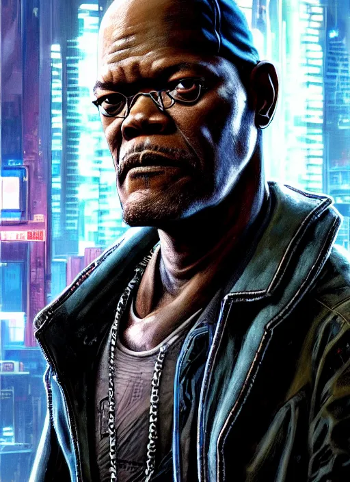 Prompt: portrait of Samuel L Jackson as a homeless character in Cyberpunk 2077, looking at camera, intricate, dystopian, sci-fi, extremely detailed, digital painting, artstation, concept art, smooth, sharp focus, illustration, intimidating lighting, incredible art by artgerm and greg rutkowski and alphonse mucha and simon stalenhag