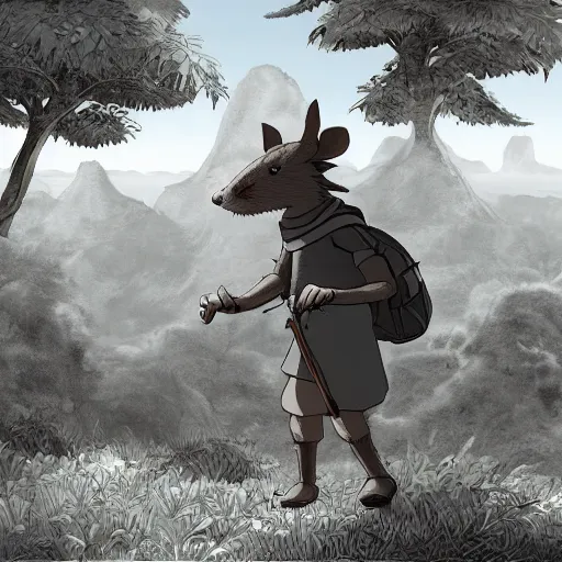 Image similar to an anthropomorphic rat dressed as an explorer, medieval clothing, renaissance, studio Ghibli, open landscape, plants, black and white matte painting