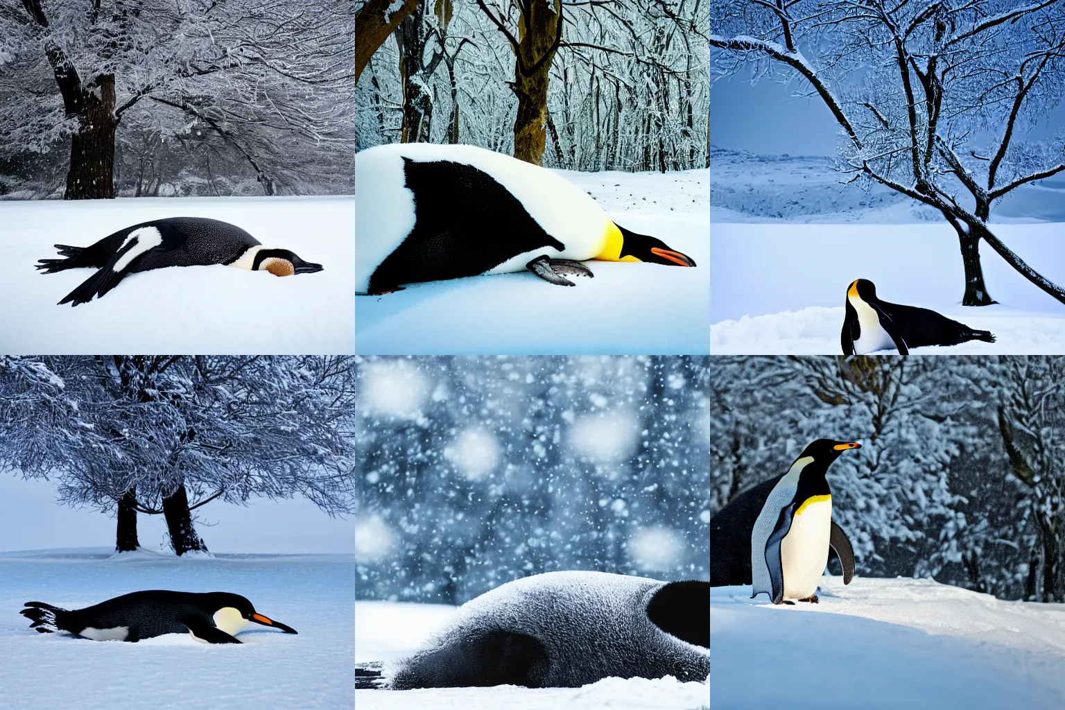 Prompt: penguin lying and sleeping underneath a tree, snowy winter landscape