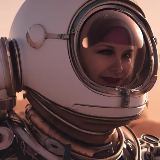 Image similar to portrait photography of a white steampunk space engineer suit, in an desert alien planet, ultra detail, beautiful light, high detail, 8 k, f / 2. 8, octane render