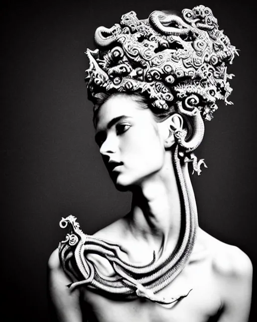 Image similar to dark background, a black and white high quality dreamy photo of a young beautiful female queen-dragon-vegetal-cyborg bust with a very long neck and delicate Mandelbrot fractal face, elegant, highly detailed, flesh highly baroque ornate, hair are curled wired cables, elegant, poetic, soft, dreamy, mysterious, high fashion, rim light, in the style of Ellen von Unwerth, Realistic, Refined, Digital Art, Highly Detailed, Cinematic Lighting, rim light, black and white, photo-realistic, 8K