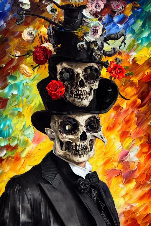 Image similar to palette knife oil painting portrait of a male baroque one - eyed cyborg demon gentleman wearing a tophat decorated with skulls and an arcane halo, floral growth, extreme detail, style by leonid afremov and degas, artstation trending, artgerm, deviant art, octane, substance, art history 8 k