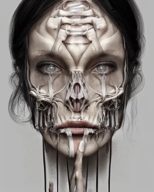 Image similar to Portrait of a woman with a skeletal hand on her face, digital art by DZO Oliver and Alex Nino and Randy Ortiz, intricate, elegant, highly detailed, digital painting, artstation, concept art, smooth, sharp focus, illustration