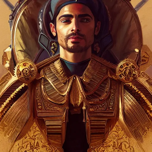 Image similar to portrait of a handsome egyptian prince on a steampunk throne of a desert city, headshot, highly detailed, digital painting, artstation, concept art, sharp focus, cinematic lighting, illustration, art by artgerm and greg rutkowski, alphonse mucha, cgsociety