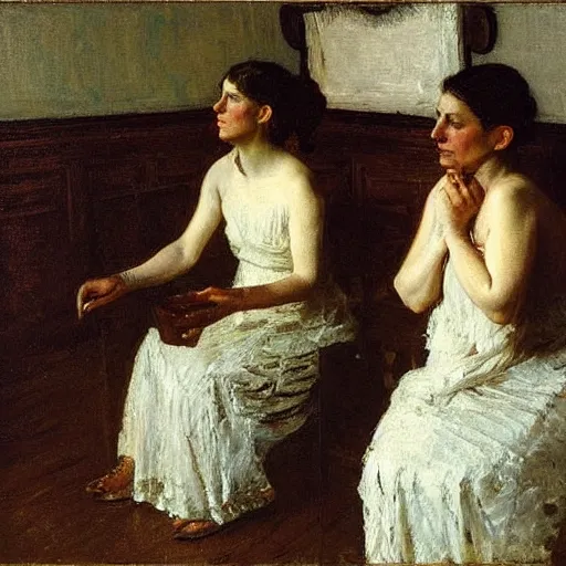 Image similar to white 👗 women in a room, by thomas eakins
