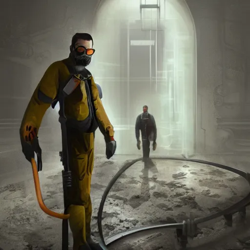 Prompt: high depth, published concept art, halflife 3 gordon freeman standing tall with soft lighting