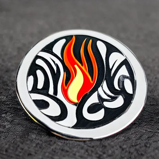 Image similar to a diamond enamel pin depicting a minimalistic clean illustration fire flames warning label, smooth curves