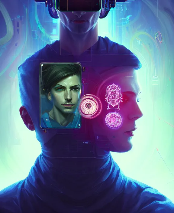 Image similar to a whirlwind inside the metaverse, guy, male, man, hologram, half body, neurochip, android, cyborg, cyberpunk face, by loish, d & d, fantasy, intricate, elegant, highly detailed, colorful, digital painting, artstation, concept art, art by artgerm and greg rutkowski and alphonse mucha