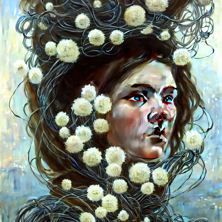 Image similar to hyperrealist realistic wonderful face portrait of a 2 0 4 4 space sport engineer, it is decorated with long wires and white flowers that fall like vines and wears a huge computer crown. by jeremy mann and alphonse mucha, fantasy art, photo realistic, dynamic lighting, artstation, poster, volumetric lighting, very detailed faces, 4 k, award winning