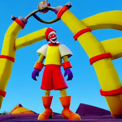 Image similar to image of ronald mcdonald, white face, red afro, red nose and yellow outfit as an enemy in spyro the dragon video game, with low poly playstation 1 graphics, upscaled to high resolution