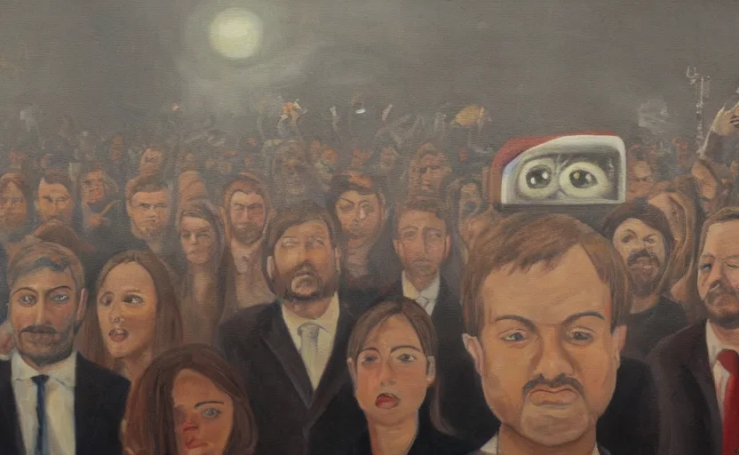 Image similar to a haunting painting of a man with eyes wide open surrounded by people with their eyes completely shut. there are also crt television drones flying around