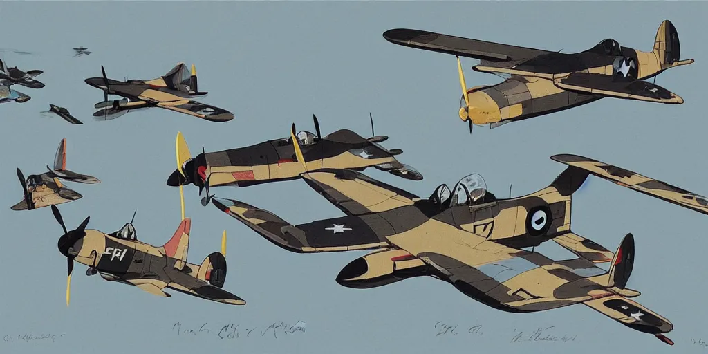 Image similar to world war two fighter planes, studio ghibli style, by tullio crali