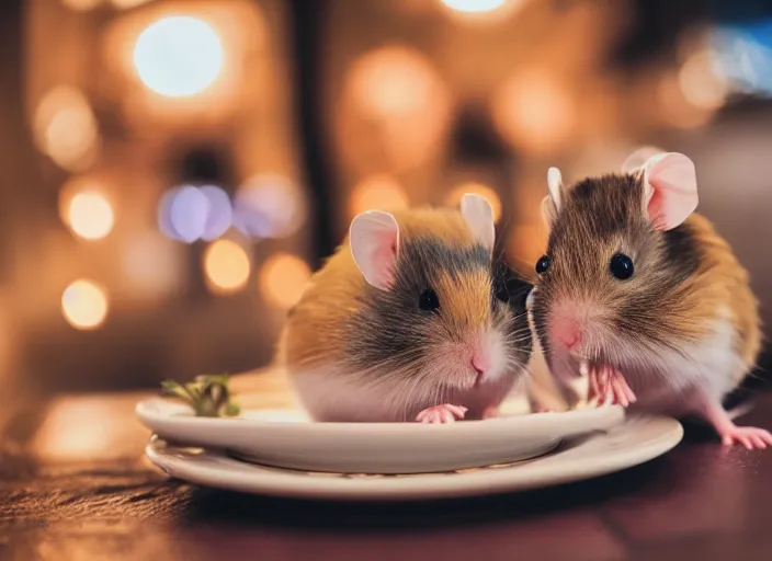 Image similar to photo of a hamsters on a date, kissing, at night, romantic, faded colors, candlelit restaurant table, cinematic color grading, various poses, soft light, well framed, sharp focus, 8 k