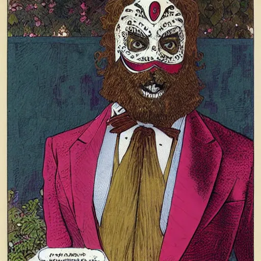 Prompt: a red bearded man wearing a purple luchadore mask and tuxedo, highly detailed, masterpiece, illustrated, art by rebecca guay