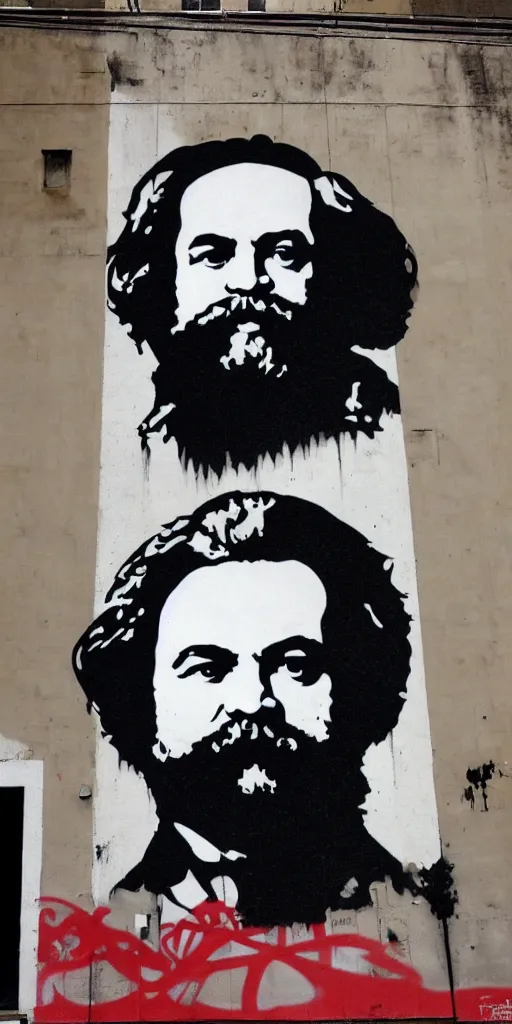 Image similar to graffiti portrait of karl marx, street art by shepard fairey and banksy