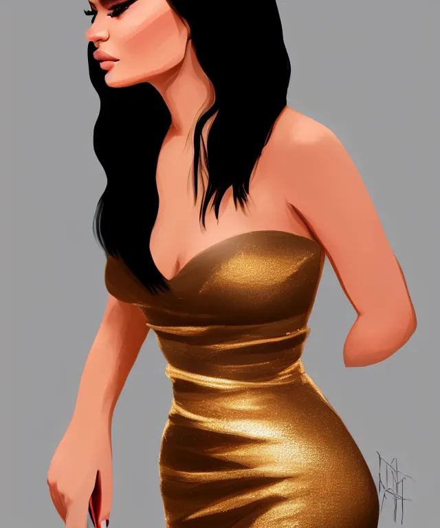 Image similar to Kylie Jenner in a shiny golden dress, highly detailed, digital painting, artstation, concept art, smooth, sharp focus, illustration, ArtStation