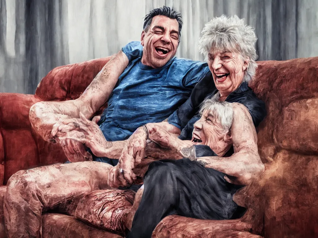 Image similar to extremely detailed digital painting of till lindemann sits on the couch with grandmother both laughing by handoga, stunning scene, 4 k, realism, bright colors, trending on artstation