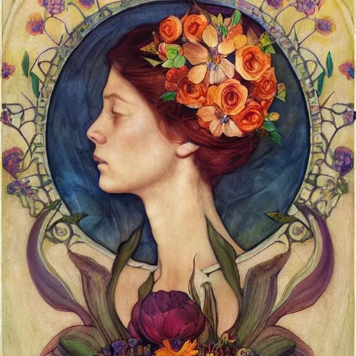 Image similar to flower queen, by annie swynnerton and charlie bowater and tino rodriguez and nicholas roerich and jean delville and evelyn de morgan and lucien freud, dramatic lighting, floral tattoos, rich colors, smooth sharp focus, extremely detailed, adolf wolfli