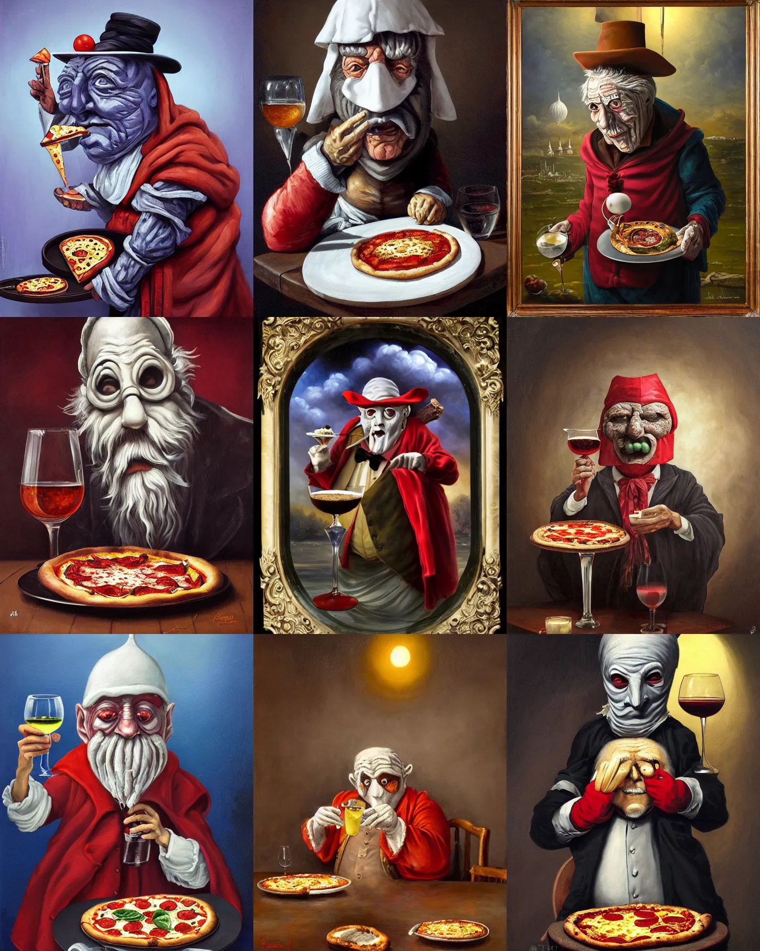 Prompt: mysterious old man wearing a pulcinella mask, with a pizza margherita di napoli and a glass of wine, full body, wide angle, dramatic lighting, highly detailed painting by joe fenton, trending on deviantart, masterpiece