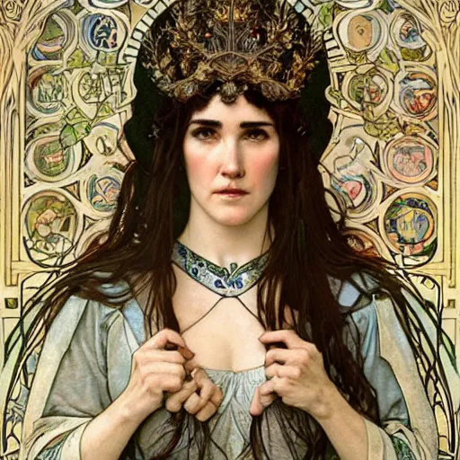 Prompt: realistic detailed face portrait of Jennifer Connelly as a beautiful young medieval queen by Alphonse Mucha, Ayami Kojima, Amano, Charlie Bowater, Karol Bak, Greg Hildebrandt, Jean Delville, and Mark Brooks, Art Nouveau, Gothic Revival, Pre-Raphaelite, Jugendstil, Neo-Gothic, gothic, rich deep moody colors, Art Nouveau