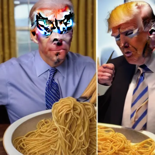 Prompt: trail cam footage of Joe Biden and Donald Trump eating spaghetti with beans