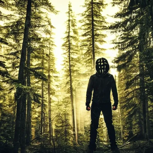 Prompt: picture of Metalhead standing in Dark boreal forest