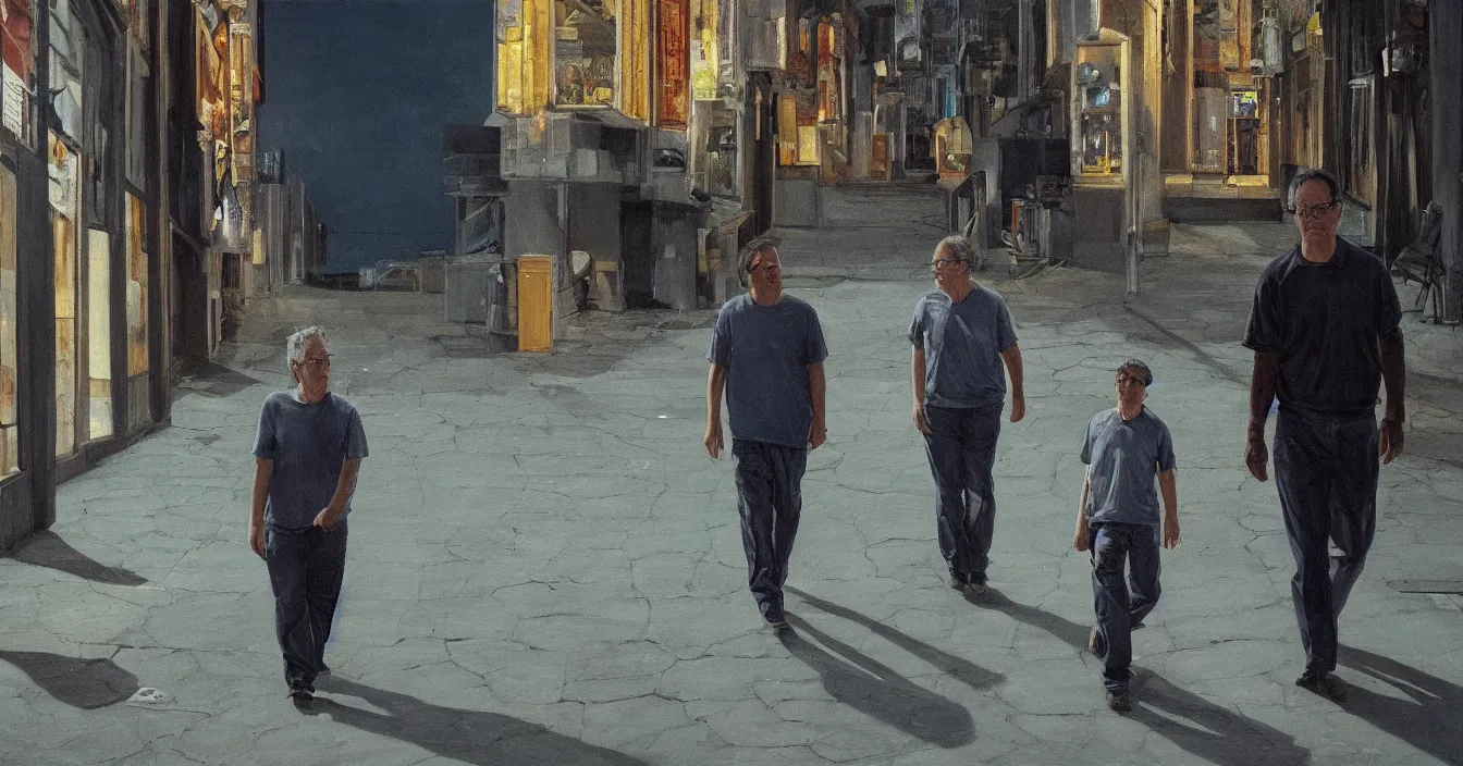 Image similar to todd solondz, high quality high detail painting of todd solondz walking with a friend in an empty tel aviv street, face of todd solondz, night, by lucian freud and gregory crewdson, hd, photorealistic lighting