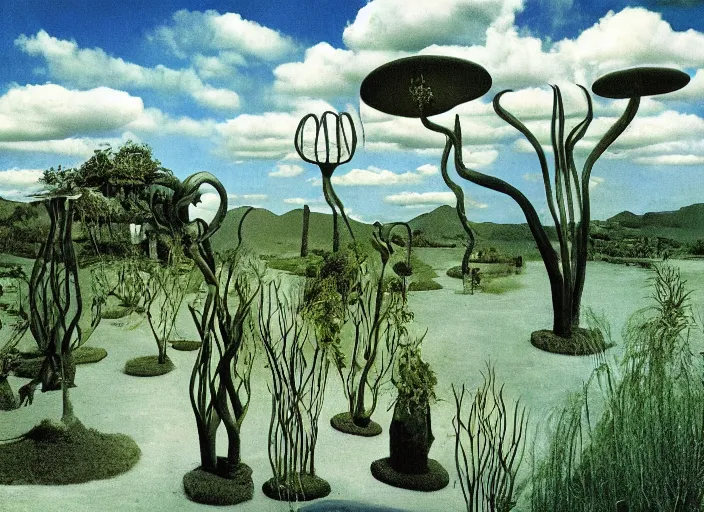 Image similar to surreal garden by dali, surreal plants by dali, surreal sky by dali, hypresurreal