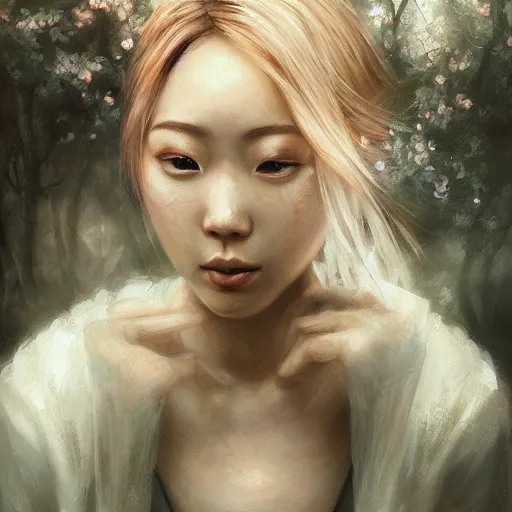 Image similar to detailed portrait of japanese girl, spring light, painting by lise deharme