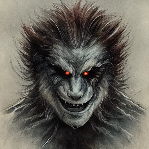 Prompt: werewolf lycanthrope monster makeup grinning one-eyed grimpunk vile reprobate portrait portrait Cyclops Cyclops Polyphemus with tombow odd nerdrum greg rutkowski frank frazetta alexandre briclot Dave Dorman splatterpaint