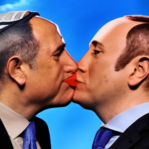 Image similar to benjamin netanyahu kissing naftali bennet, realistic, detailed