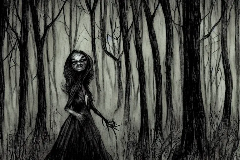 Image similar to mad girl wandering the woods artwork by ben templesmith