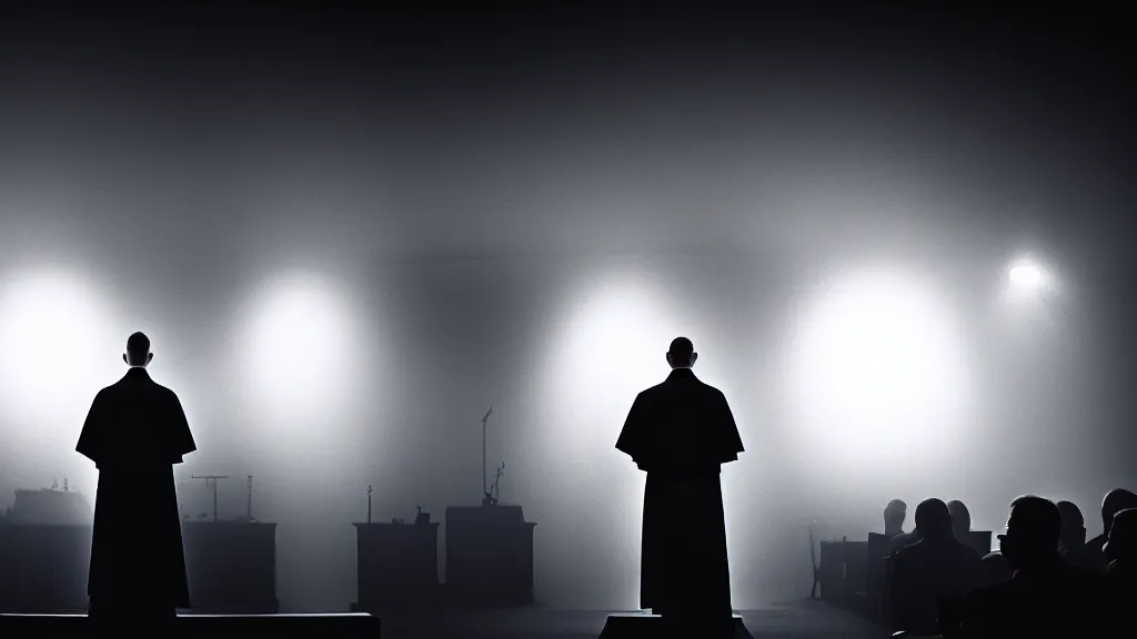 Image similar to a priest stands in front of the crowd on the podium, fog, volumetric lighting, mystique, atmospheric, sharp focus, ultra detailed, noir art house, 4 k, cinematic, 3 5 mm