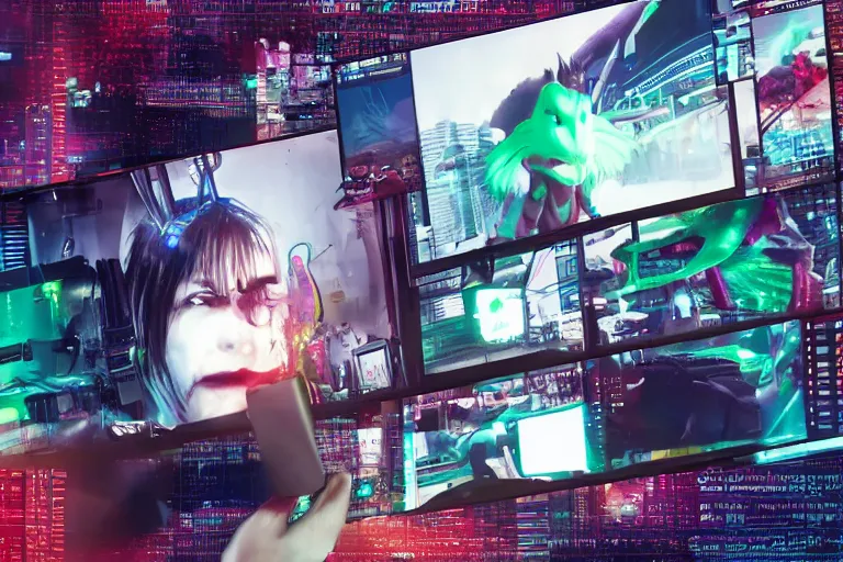 Image similar to a video call from a dragon facing the camera head on. cyberpunk color scheme and theme.