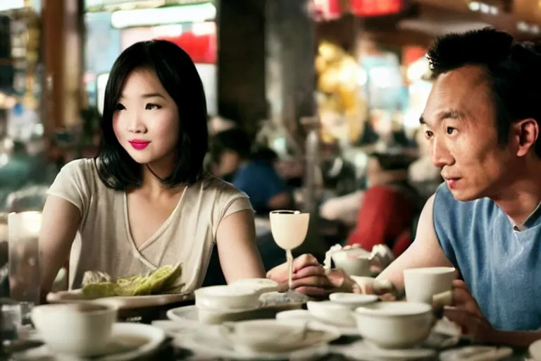 Image similar to VFX movie interior closeup beautiful Asian couple closeup sitting at 50s diner, night in the city, by Emmanuel Lubezki